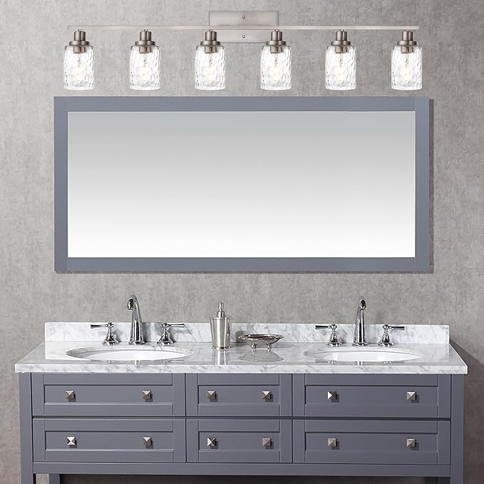 MELUCEE Bathroom Vanity Light Brushed Nickel with Clear Hammered Glass | 6-Light Industrial Wall Light Fixtures for Bath Mirror Bedroom Dressing Table (Patent No.: US D963914 S)