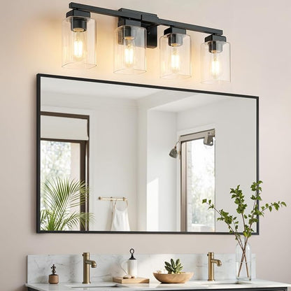 27” Bathroom Light Fixtures Over Mirror,4-Light Black Vanity Light | Square Clear Glass & Durable Metal, Quick & Easy Installation, Standard E26 Socket, Bright Bathroom Lighting