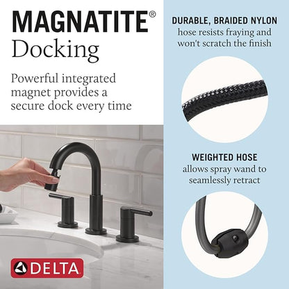 Delta Nicoli Matte Black Bathroom Faucet with Sprayer, 8 Inch 3 Hole Widespread Bathroom Sink Faucet with Pull Out Sprayer, Push-Pop Drain, Matte Black 35749LF-BLPD