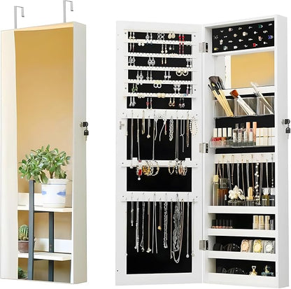 Avilia Jewellery Cabinet with Mirror 110 x 37 x 10 cm in Ultra Sturdy MDF - Space-Saving Jewellery and Accessories Organizer with Secure Key Lock, Wall or Door Mounting