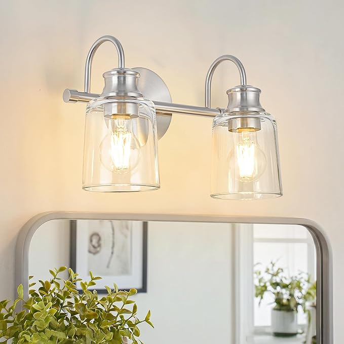2 Lights Bathroom Light Fixtures Brushed Nickel Vanity Lights | ETL Certificate, Easy to Install,Wall Mount Up or Down,Thickened Glass Lampshade,E26 Socket,Hardwired