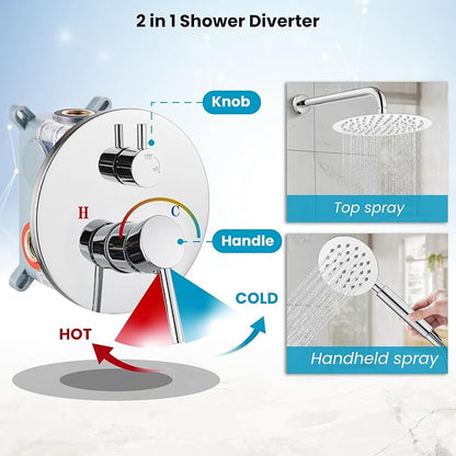 gotonovo High Pressure Shower System Valve and Trim Kit,Polish Chrome | Round Rain 10 Inch Shower Head with Handheld Faucet Set Complete,Rough In Valve,2-in-1 Diverter,All Metal,Bathroom Wall Mount