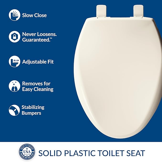 Mayfair Aurora Slow Close Toilet Seat, Easy Clean Hinges and Adjustable Perfect Fit Plastic Seat, Made in USA, Elongated, Biscuit