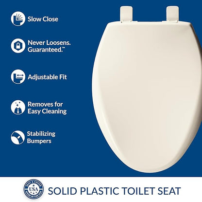 Mayfair Aurora Slow Close Toilet Seat, Easy Clean Hinges and Adjustable Perfect Fit Plastic Seat, Made in USA, Elongated, Biscuit