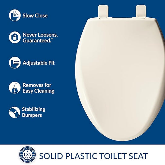 Mayfair Aurora Slow Close Toilet Seat, Easy Clean Hinges and Adjustable Perfect Fit Plastic Seat, Made in USA, Elongated, Biscuit