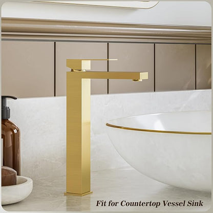 Brushed Gold Tall Bathroom Faucet Single Handle Vessel Sink Faucet Vanity Bathroom Faucet Above countertop Sink with Water Supply Hose and Pop Up Sink Drain,BF3530P-BG-V