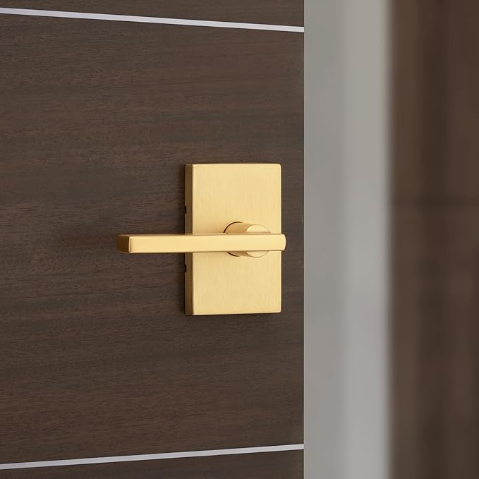 Kwikset Halifax Interior Privacy Door Handle with Lock, Door Lever for Bathroom and Bedroom, Satin Brass Rectangle Reversible Keyless Push Button Lock Door Lever, with Microban Protection
