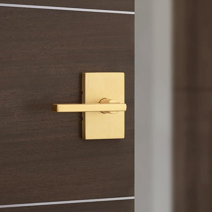 Kwikset Halifax Interior Privacy Door Handle with Lock, Door Lever for Bathroom and Bedroom, Satin Brass Rectangle Reversible Keyless Push Button Lock Door Lever, with Microban Protection