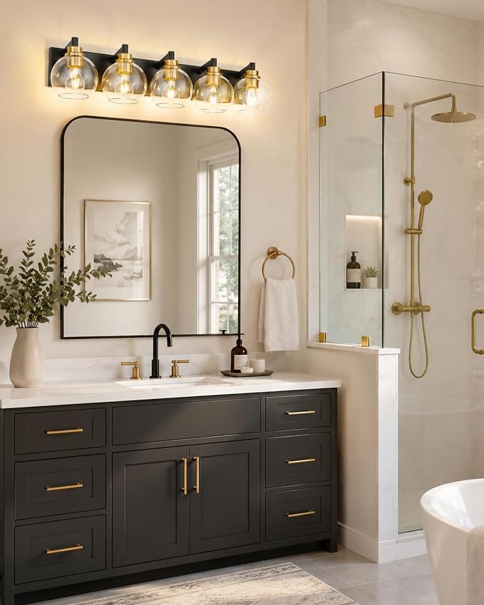 5-Light Black and Gold Bathroom Vanity Light, Clear Glass Globes | Ideal for 36-48" mirrors, 32" modern bathroom light fixtures over mirror, E26 base, bulbs not included, VL195-KG-5
