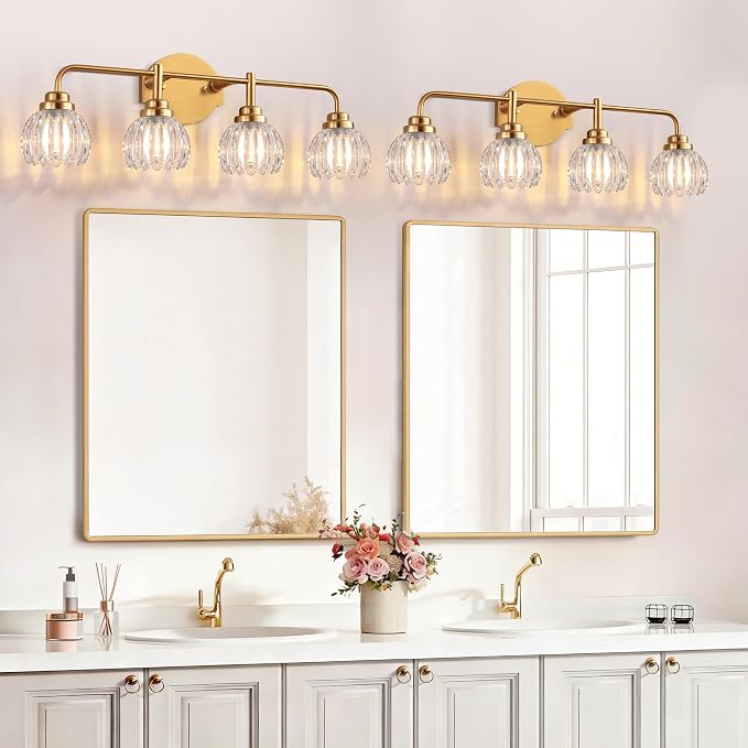 Vintage Bathroom Vanity Light, 4 Light Brushed Gold Fixture Over Mirror | Vintage Vanity Light, Brushed Gold Metal & Crystal Glass Shade, 4 Light Fixture Over Mirror for Bathroom Bedroom