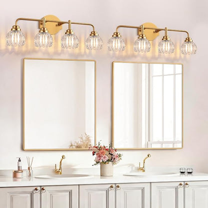Vintage Bathroom Vanity Light, 4 Light Brushed Gold Fixture Over Mirror | Vintage Vanity Light, Brushed Gold Metal & Crystal Glass Shade, 4 Light Fixture Over Mirror for Bathroom Bedroom