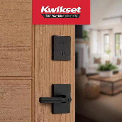 Kwikset Mirada Reeded Front Door Lock Handle and Deadbolt Set, Entry Handleset with Interior Reversible Lever, Matte Black, Pick Resistant SmartKey Rekey Deadbolt Security, with Microban Protection