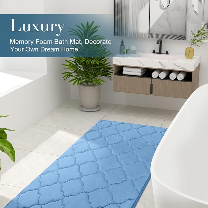 OLANLY Memory Foam Bath Mat Rug 30x20, Ultra Soft and Absorbent Bathroom Rugs, Non-Slip, Comfortable, Machine Washable Bath Carpet for Bathroom Floor, Tub, Shower and Home Decor Accessories, Blue