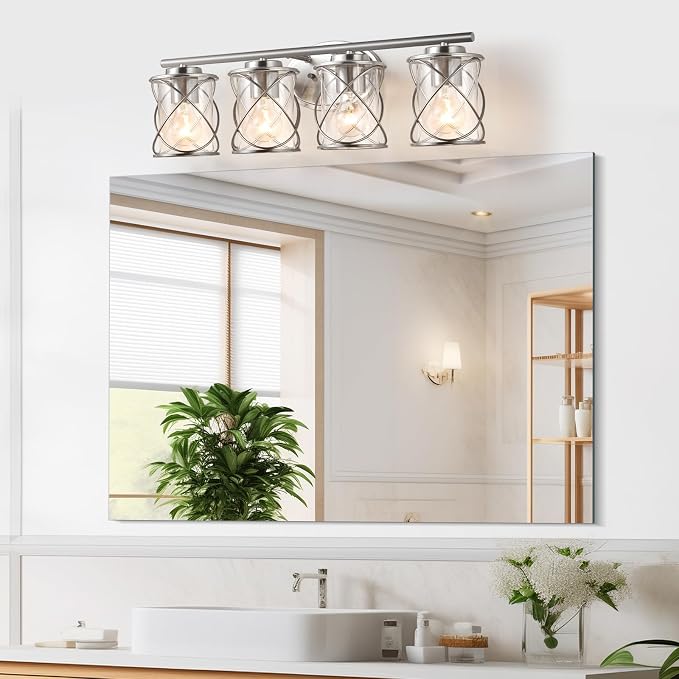 4-Lights Bathroom Vanity Lights, Bathroom Light Fixtures Over Mirror, Brushed Nickel Vanity Light, Farmhouse Wall Lights with Clear Glass Shade, Bathroom Wall Lamp for Mirror Kitchen Bedroom