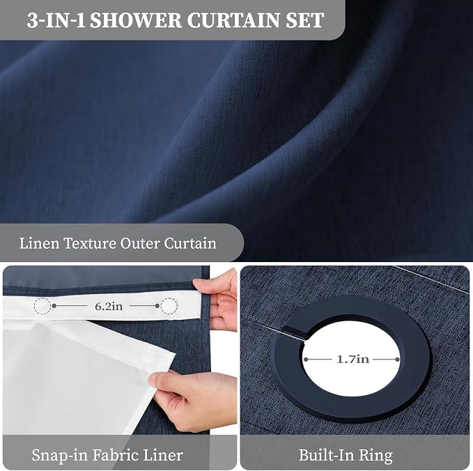 72x87 Ringless Linen Look Shower Curtain with Snap in Liner, Navy Blue | Extra Long Size, 3 in 1 Durable Fabric Shower Curtain, Removable Liner, Waterproof & Washable, Mesh Top Window, Easy Setup