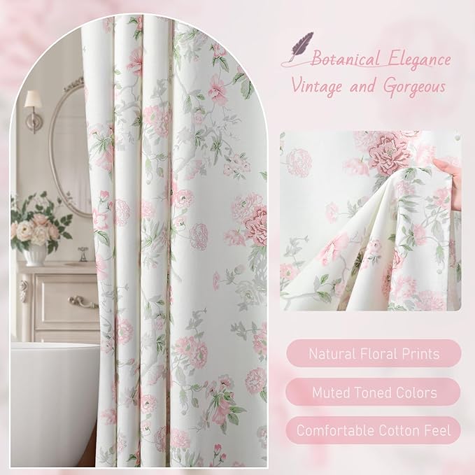 Pink and Sage Green Floral Vintage Shower Curtain,Cottage core Cotton Shower Curtains for Bathroom,72Wx72H