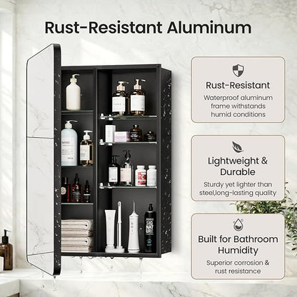 20x26 Inch Bathroom Medicine Cabinet with Mirror, Pre-Assembled Recessed or Surface Mount Wall Organizer, 6 Adjustable & Removable Tempered Glass Shelves, Soft Close DTC, Matte Black