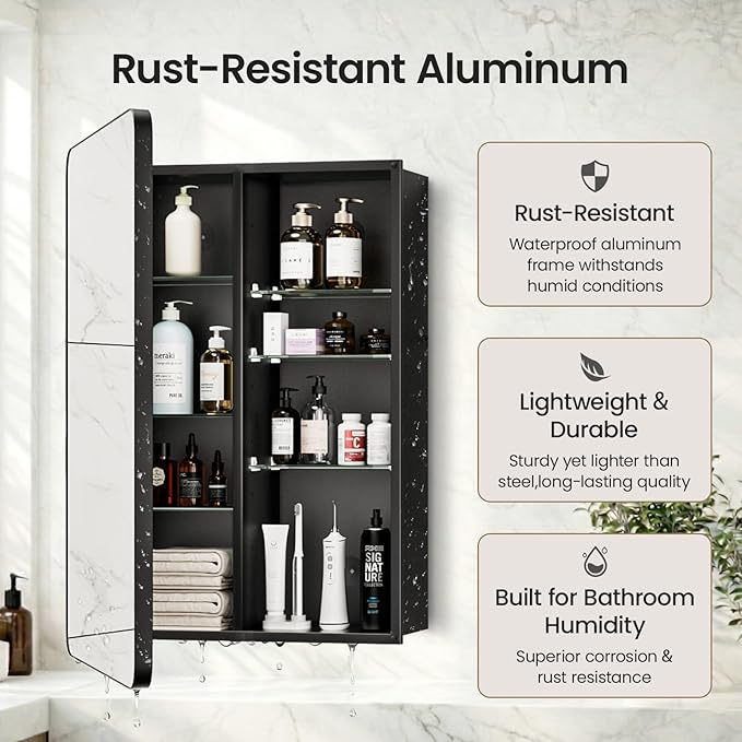 16x24 Medicine Cabinet with Mirror, Aluminum Bathroom Wall Organizer, Pre-Assembled, Center Partition for Tall Bottles, 6 Adjustable Shelves, Soft-Close, Recessed/Surface Mount, Matte Black