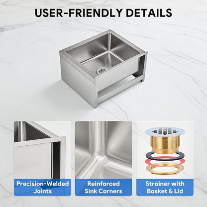 Commercial Mop Sink, 19x16x8 Inch 304 Stainless Steel Utility Sink with Strainer & X-Shaped Floor Guides for Kitchen Laundry Garage Pet Salon