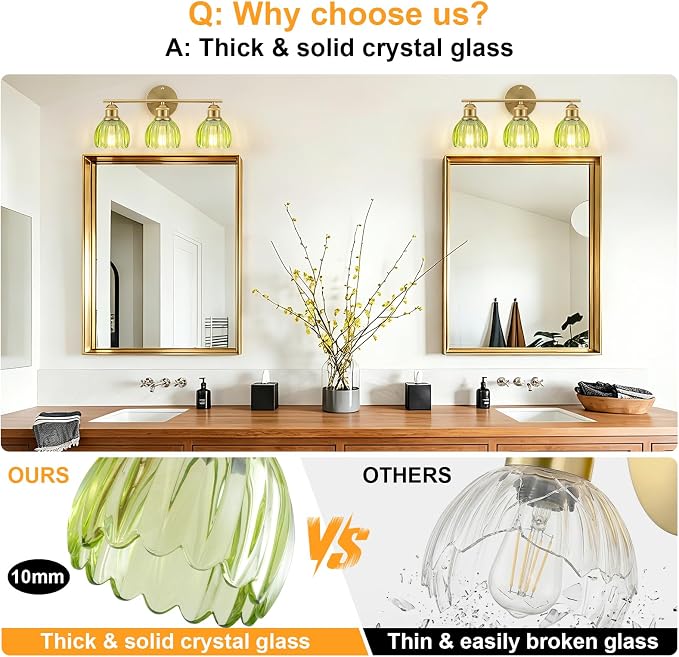 Bathroom Light Fixtures, 3-Light Brushed Gold Vanity Lights for Bathroom with Green Tulip Glass Shade, 20" Vintage Bathroom Vanity Lighting Fixtures Over Mirror for Bedroom Living Room Hallway