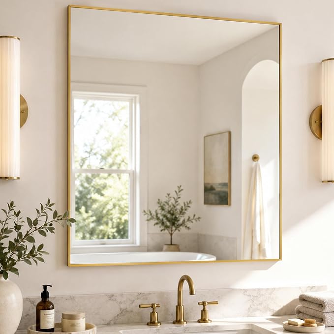 30"x30" Brushed Gold Framed Square Bathroom Vanity Wall Mirror | Accent Wall Mirror, Square Geometric Look, Slim Metal Frame, Living Room or Entryway, Keyhole Mount, Tempered Glass