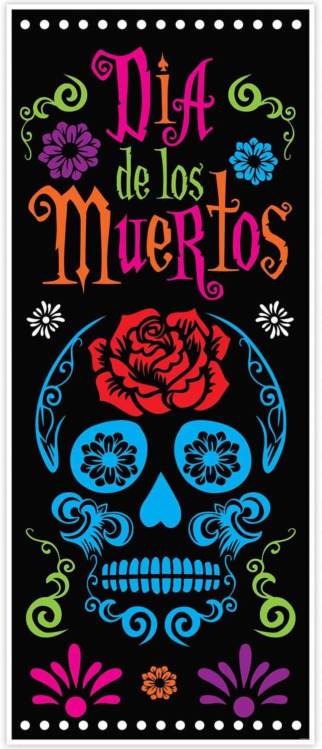 Beistle Day Of The Dead Door Covers – 2 All-Weather Día de los Muertos Plastic Door and Wall Decorations, Sugar Skull Design for Halloween Parties, Cultural Celebrations and Fiesta Events, 6' x 30"