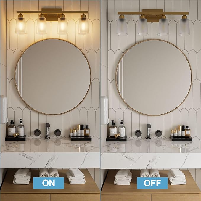 Lightdot 4 Light Bathroom Vanity Light, 26.5" Gold Bathroom Light Fixtures with Frosted Glass Waterproof Shades, Rust-Proof Modern Vanity Lights Over Mirror for Kitchen Hallway Cabinet Porch