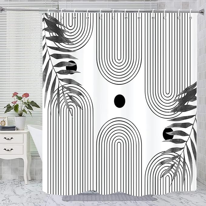 Boho Mid Century Modern Shower Curtain, Abstract Arch Leaf Minimalist Sun Black and White Machine Washable Waterproof Fabric for Bathroom Bathtub with Hooks 72Wx78H