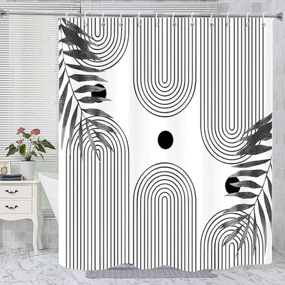 Boho Mid Century Modern Shower Curtain, Abstract Arch Leaf Minimalist Sun Black and White Machine Washable Waterproof Fabric for Bathroom Bathtub with Hooks 72Wx78H