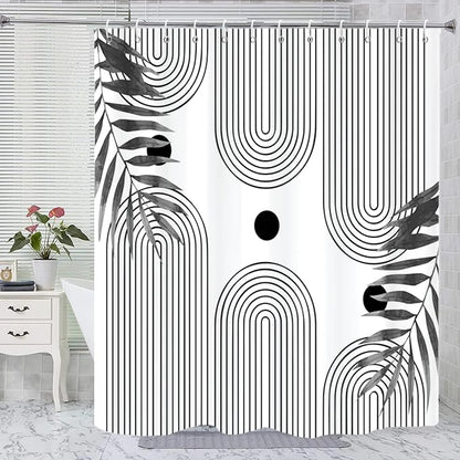 Boho Mid Century Modern Shower Curtain, Abstract Arch Leaf Minimalist Sun Black and White Machine Washable Waterproof for Bathroom Bathtub with Hooks 72x72