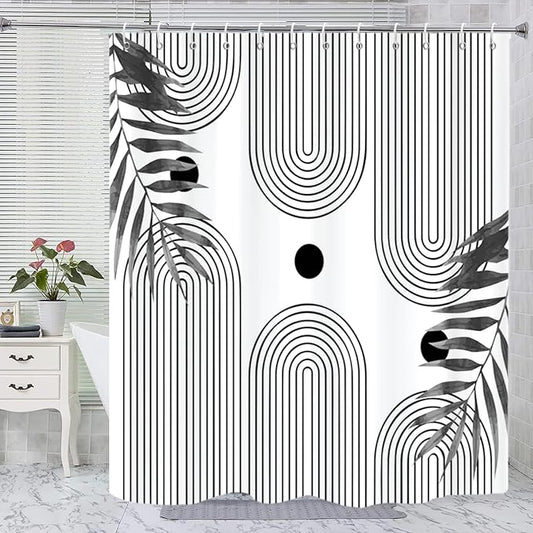 Boho Mid Century Modern Shower Curtain, Abstract Arch Leaf Minimalist Sun Black and White Machine Washable Waterproof for Bathroom Bathtub with Hooks 72x72