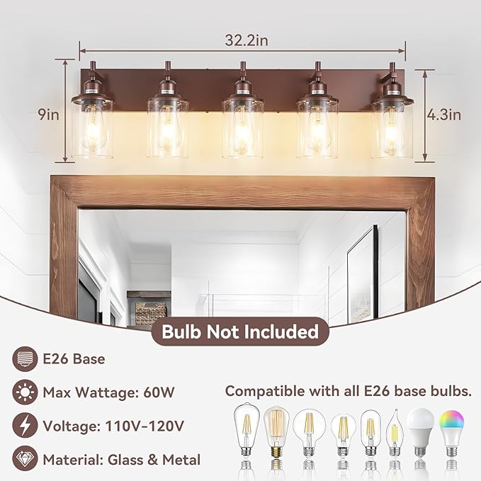 5-Light Bronze Bathroom Light Fixtures Over Mirror,Modern Bathroom Vanity Light with Clear Glass Shade, Wall Sconce for Bathroom Hallway Cabinet Bedroom Kitchen Living Room Foyer E26 Base