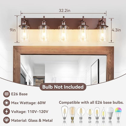 5-Light Bronze Bathroom Light Fixtures Over Mirror,Modern Bathroom Vanity Light with Clear Glass Shade, Wall Sconce for Bathroom Hallway Cabinet Bedroom Kitchen Living Room Foyer E26 Base