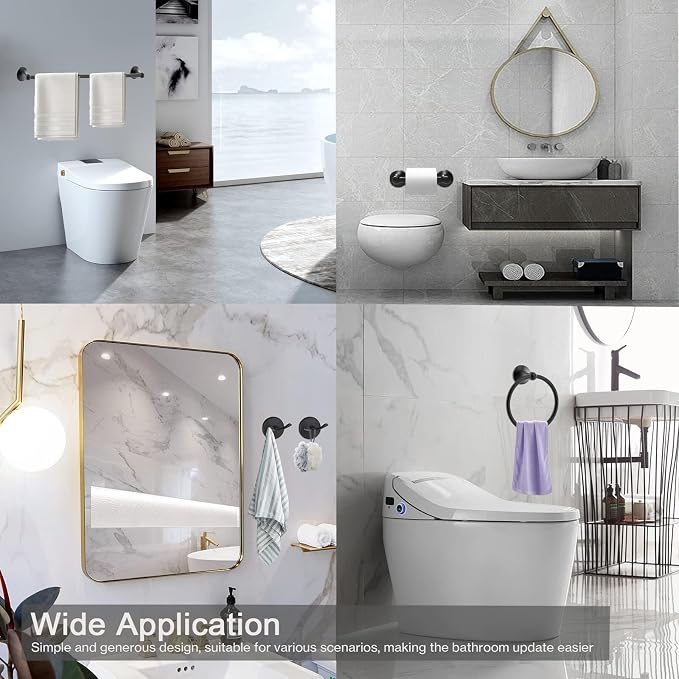 Newfun 8-Pieces 24 Inch Matte Black Bathroom Hardware Set | Bathroom Accessory Set, Includes 24" Adjustable Bath Towel Bar, Towel Rings Wall Mounted, Toilet Paper Holder, Towel Hooks