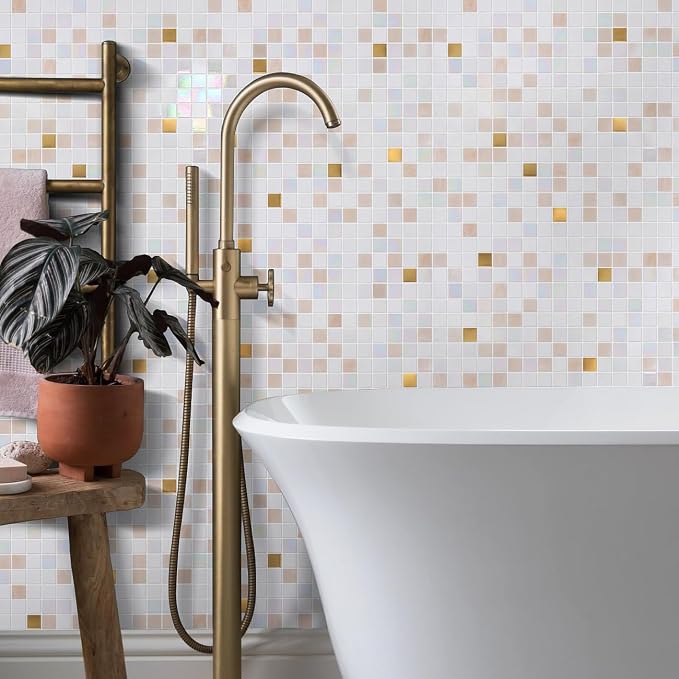 11.5 sq.ft White Glass Mosaic Tile for Bathroom, Pool, Kitchen Backsplash | Waterproof Wall & Floor Tile. Heat & frost resistant outdoors. Mesh-mounted easy install. Use any grout. Easy clean. 10pcs.