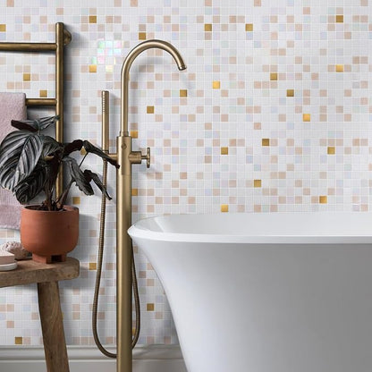 11.5 sq.ft White Glass Mosaic Tile for Bathroom, Pool, Kitchen Backsplash | Waterproof Wall & Floor Tile. Heat & frost resistant outdoors. Mesh-mounted easy install. Use any grout. Easy clean. 10pcs.