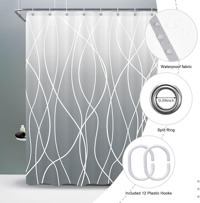 Striped Shower Curtain for Bathroom, Ombre Grey, 60" W x 72" L | with Hooks, Modern Hotel Style, Water Repellent, Washable, Weighted Hem