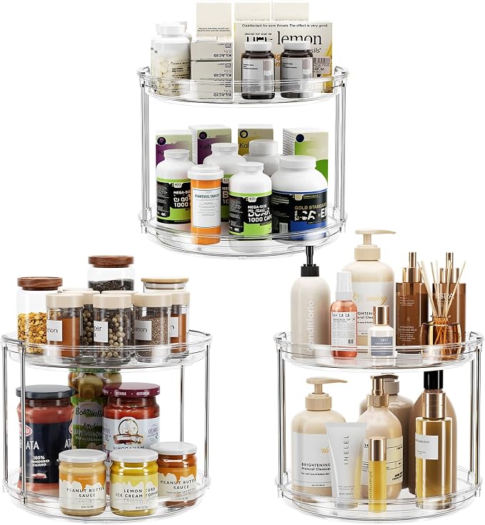 LAMU 3 Pack 2 Tier Lazy Susan Turntable Organizer 9.25'' Rotating Spice Rack Organization for Cabinet, Kitchen, Pantry, Countertop, Bathroom, Vanity, Medicine Cabinet Organizer, Clear