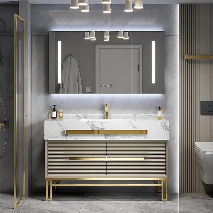 Bathroom Vanity with Sink - Modern Single/Double Sink Bathroom Vanity Cabinet & Smart Defogger Mirror Cabinet Set, Multi-Layer Solid Wood Material | Floor-Mounted Installation (Single Sink,76")