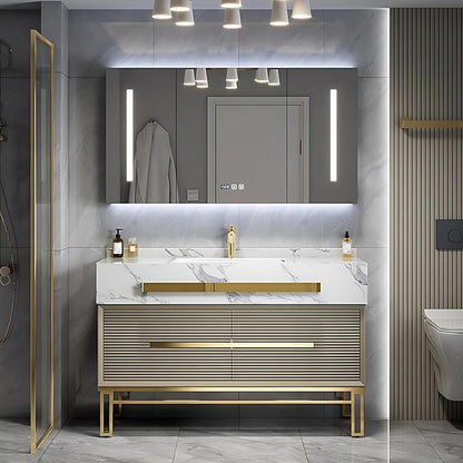 Bathroom Vanity with Sink - Modern Single/Double Sink Bathroom Vanity Cabinet & Smart Defogger Mirror Cabinet Set, Multi-Layer Solid Wood Material | Floor-Mounted Installation (Single Sink,76")