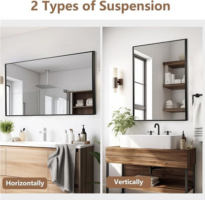 Black Bathroom Mirror, 30"x36" Rectangle Mirror, Matte Black Mirror, Metal Frame Square Corner Vanity Mirror, Wall Mounted Mirror for Modern, Living Room, Bedroom, Horizontal Or Vertical