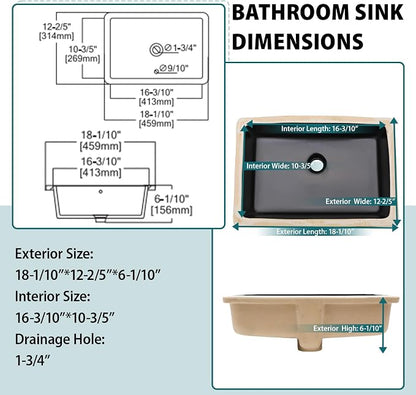 Black Ceramic 18"x12" Undermount Bathroom Lavatory Sink | Rectangle under counter black bathroom vessel sink for bathroom with overflow