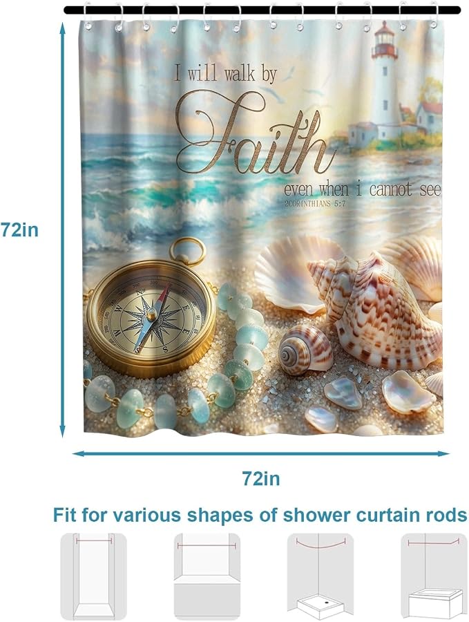 Cute Modern Beach Shower Curtain, Ocean Rustic Coastal Tropical Aesthetic Seashell Shower Curtains for Bathroom, Waterproof Bath Curtain with Hooks Machine Washable Bathtub Curtains 72x72 Inch Blue