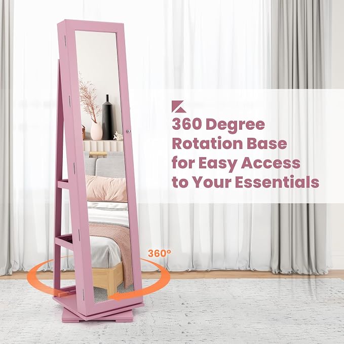 COSTWAY 360 Rotating Jewelry Armoire Cabinet, Standing Jewelry Organizer w/Full-Length Mirror & Large Storage Space, Lockable Mirror Jewelry Cabinet for Girls Women (Pink)