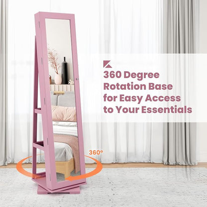 COSTWAY 360 Rotating Jewelry Armoire Cabinet, Standing Jewelry Organizer w/Full-Length Mirror & Large Storage Space, Lockable Mirror Jewelry Cabinet for Girls Women (Pink)