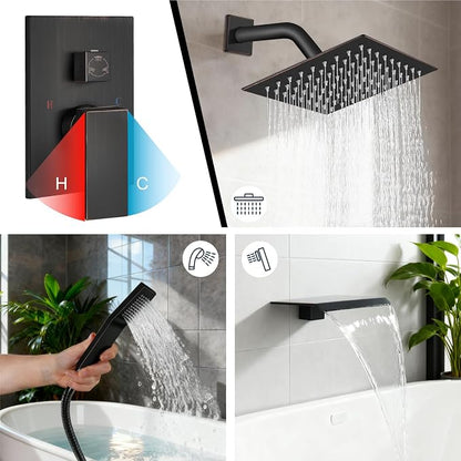 Midanya Shower System with Tub Spout,8 Inch Shower Head,Oil Rubbed Bronze | with Valve & Trim Kit,Square Rain Head,Handheld Sprayer,Waterfall Spout,All Metal Wall Mount Bathroom Shower Tub Faucet Set