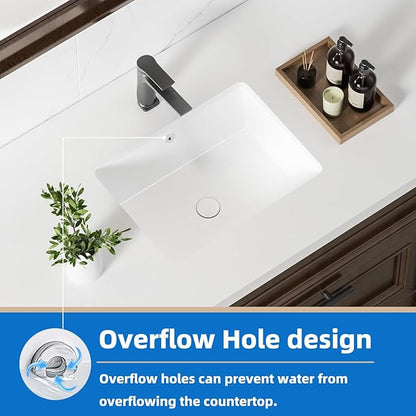 18 Inch White Rectangle Vessel Sink for Bathrooms 18.3" x 13.78" Small Undermount Bathroom Sink Ceramic Porcelain Under Counter Basin Sink with Overflow 465mm x 350mm Lavamanos Para Baños KINGWONG