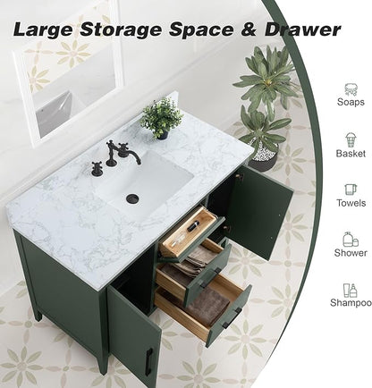 HomeBeyond 48 Inch Bathroom Vanity with Sink & Ceramic Top, Single Vanity Cabinet with Basin, Soft-Closing Doors & Matte Black Hardware, Vintage Green