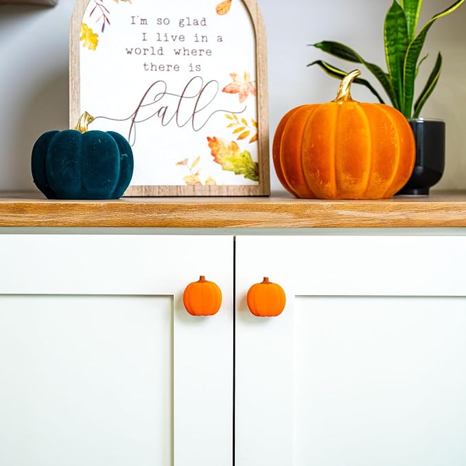 Knobēz 12pk Pumpkin Decorative Knob Covers - Autumn Cabinet Decorations | Fits 1 to 1.5 in round or square hardware, stretchable fabric sleeves for kitchen, bathroom, and seasonal home decor