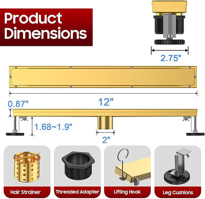 DLONE® Linear Shower Drain - 12 Inch Brushed Gold, with Tile Insert Panel | AISI 304 Stainless Steel Linear Drain, Rectangle Shower Floor Drain, with Adjustable Feet, Fits Bathroom & Balcony etc